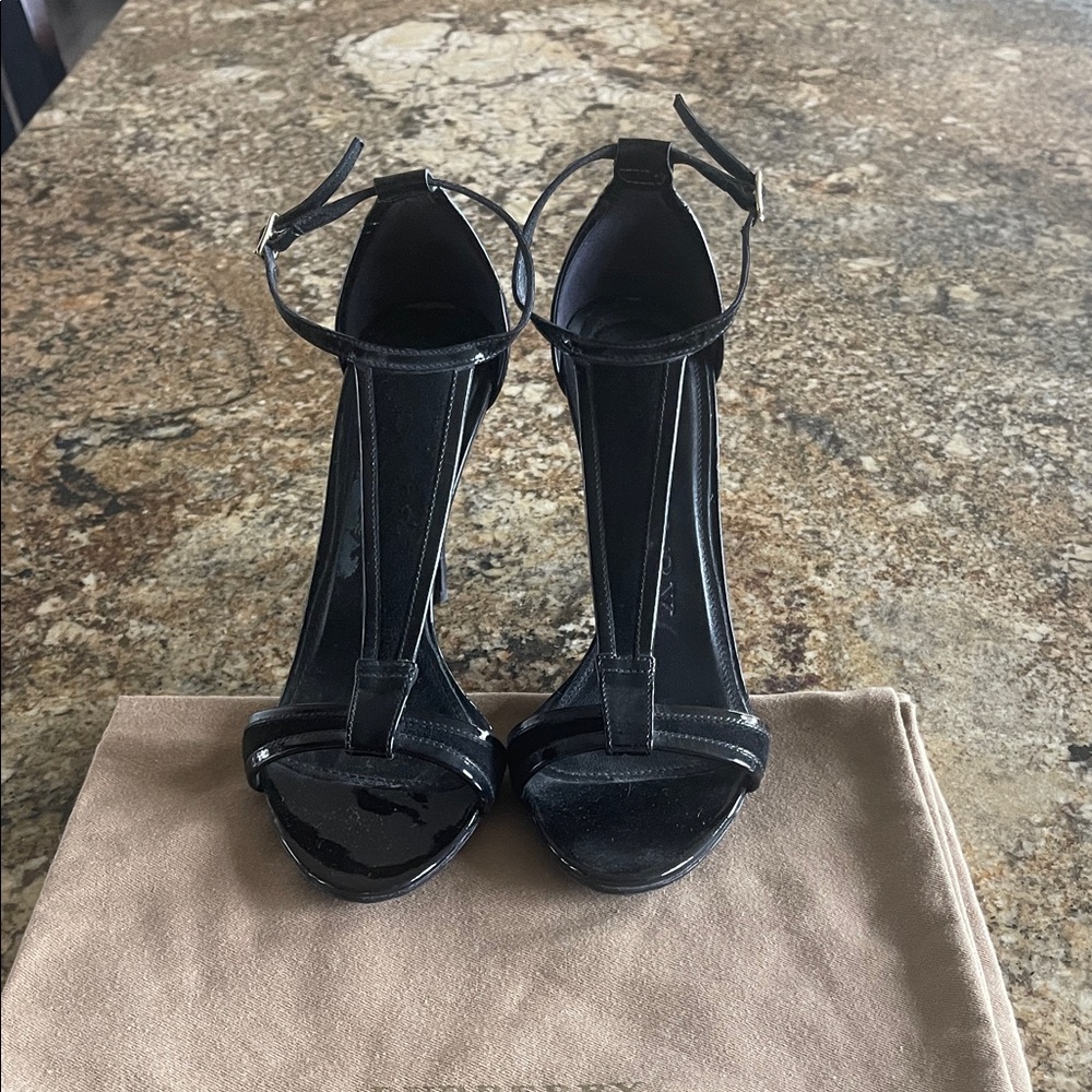 Burberry Black Patent Leather with Black Suede Accent Strappy Heels